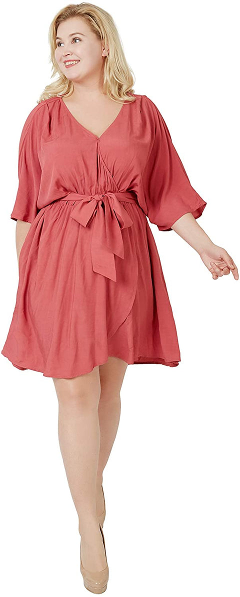 Carrotomato Women's Plus Size Casual Dress V Neck Slit Belt Swing Skirt with Pocket Pink 22