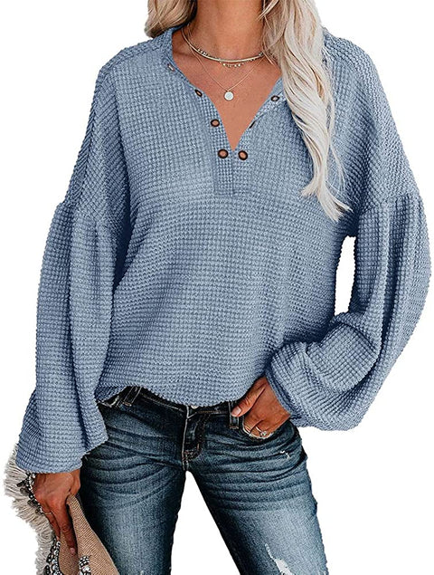 Women Casual V Neck Waffle Knit Shirts Tunic Tops Solid Color Loose Sweatshirts Pullover