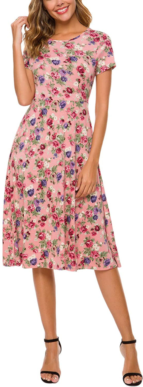 Women's Summer Casual T Shirt Dresses Floral Short Sleeve Flared Midi Dress