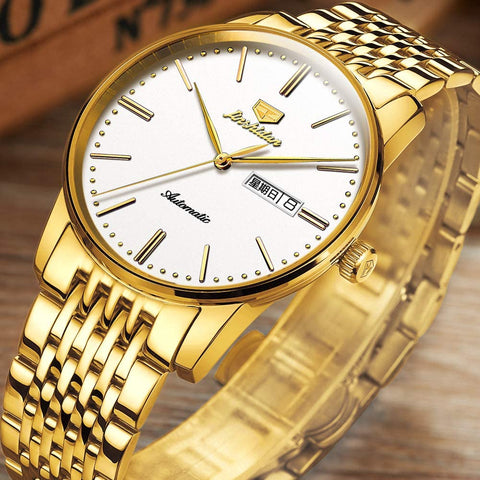 Gold Mens Minimalist Sapphire Mechanical Watch