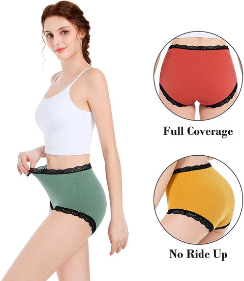High Waisted Cotton Underwear For Women,Breathable Soft Cotton Full Brief Panties Stretch Lace Ladies Panties For Women