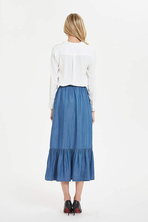 Womens Tencel Denim Long Midi Skirt Pleated Hem