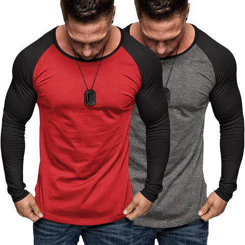 Men's 2 Packs Baseball Raglan Shirts Long Sleeve Gym Muscle Workout T Shirts