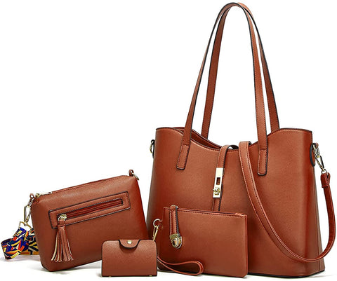 Women Fashion Synthetic Leather Handbags+Shoulder Bag+Purse+Card Holder 4pcs Set Tote
