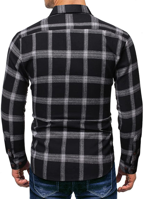 Mens Plaid Button Down Shirt - Casual Long Sleeve Tops Slim Fit Pocket Work Wear