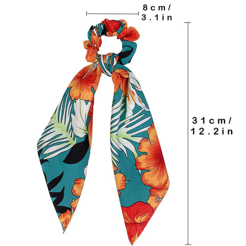 AWAYTR Chiffon Ponytail Hair Scarf Scrunchies - 4 Packs Flower Cashew Leopard Ripple Point Elastic Hair Ties Bow for Women (Skin + Black + Green + red)