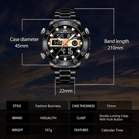 MEGALITH Men Watch Waterproof Stainless Steel Led Analog Digital Watches for Men Male Day Date Stopwatch Heavy Metal Alarm Sport Watch Gent Outdoor Military Luminous Big Wrist Watches with Backlight