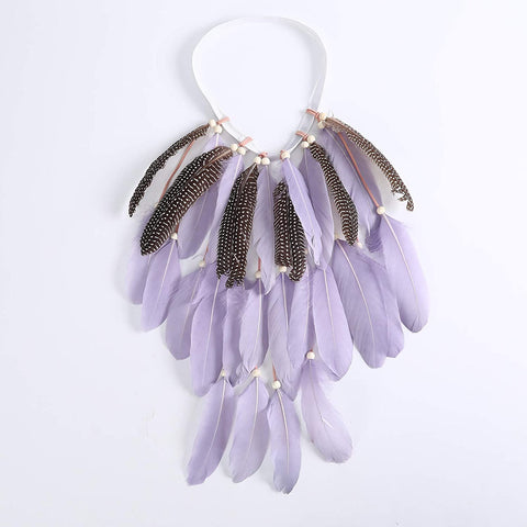 Bohemian Feather Headband Boho Headdress - Hippie Indian Feather Hairband Festival Hair Band Carnival Headwear for Women Native American Headpiece (Purple+Speckled feather)