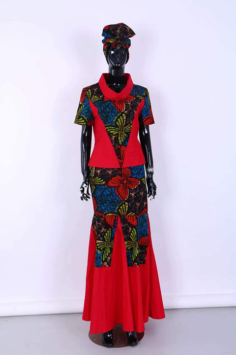 African Matching Dresses Sets Women's 3 Pieces Tops & Skirts & Headwrap Clothing Plus Size