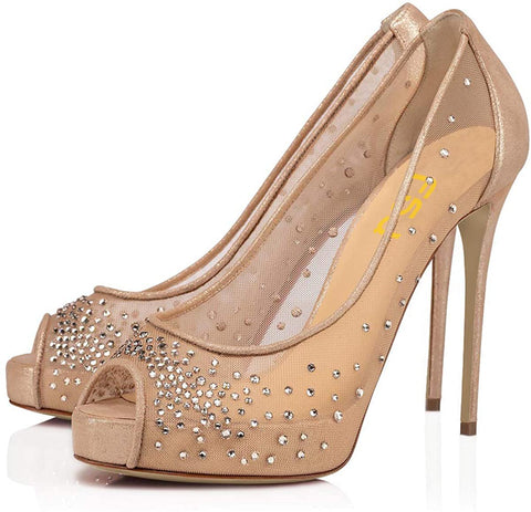 FSJ Women Sexy Peep Toe Pumps Mesh Upper with Rhinestones Decor Stiletto High Heels Slip On Evening Bridal Party Dress Shoes Size 4-15 US