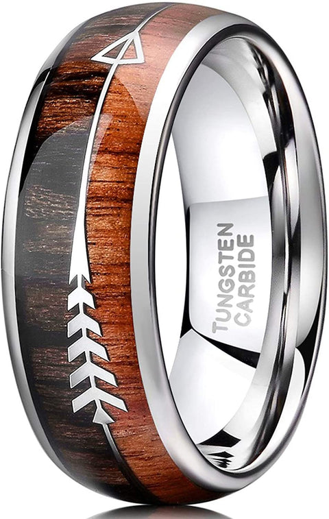 TRUMIUM 8mm Tungsten Wedding Ring Koa Wood Arrows Inlay Vikings Hunting Ring Silver/Black Band Dome Comfort Fit Size 6-13
