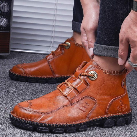 Mens British Boots Ankle Length Leather Motorcycle Boots Zipper or Lace-Up