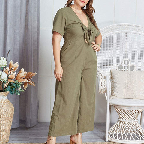 Women's Sexy Bowknot Short Sleeve V Neck Spring Summer Party Wide Leg Jumpsuits