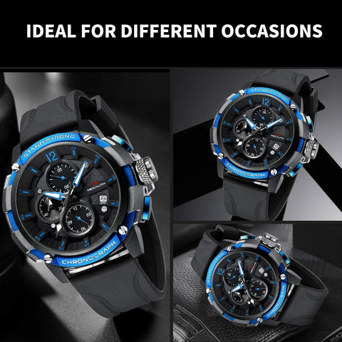 MEGALITH Men's Watch 50mm Rubber Chronograph Waterproof Large Face Watch Silicone Military Sport Analog Heavy Duty Watches for Men Luminous Multifunctional Cool Designer Gents Wrist Watches