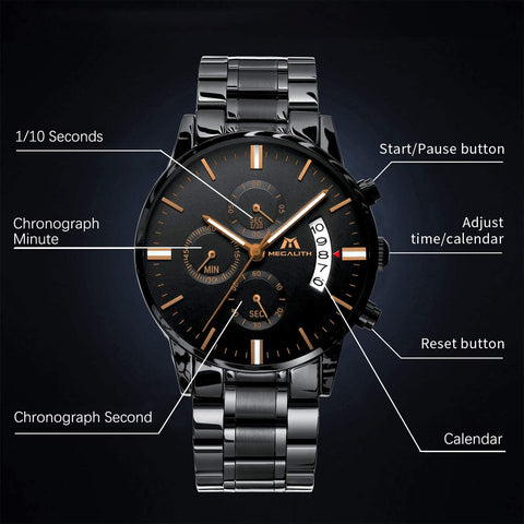 MEGALITH Mens Watches with Stainless Steel Waterproof Analog Quartz Fashion Business Chronograph Black Watch for Men, Auto Date