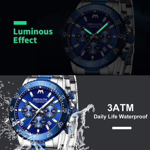 MEGALITH Mens Watches with Stainless Steel Waterproof Analog Quartz Fashion Business Chronograph Watch for Men, Auto Date
