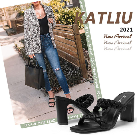 Katliu Women's Braided Heeled Mules Square Toe Block Heel Sandals Two Strap Heeled Slide Sandals