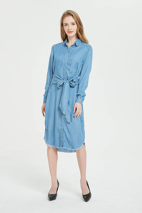 Womens Distressed Long Sleeve V Neck Button Down Denim Shirt Dress with Belt