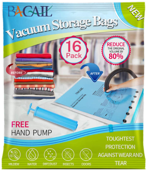 Bagail Vacuum Storage Bags, 16 Pack 80% Space Saver Bags for Comforters,Blankets,Bedding,Clothes,Pillows,Towels,etc.,Hand Pump Included(3 Jumbo+5L+6M+2S)