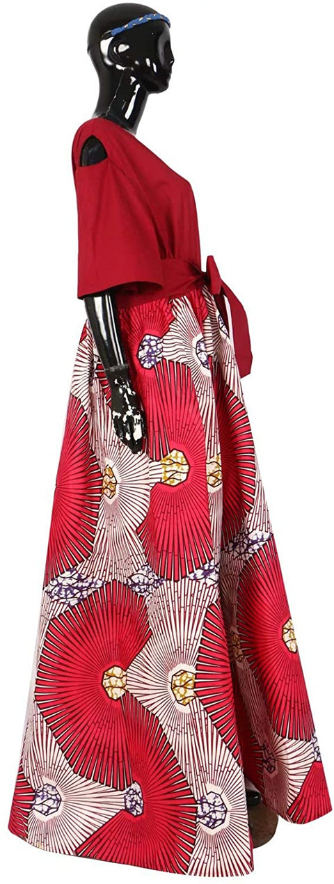 XIAOHUAGUA Women's Elegant Short Sleeve Maxi Dress African Dashiki Casual Tie Waist Daily Dresses