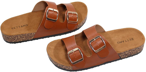 EETTARO Women's Casual Cork Footbed Slide Sandals Ladies 2-Strap Adjustable Buckle Beach Slippers Slip-on Platform Shoes