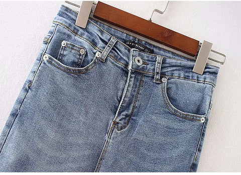 Women's Fashion Knee Cut Denim Pants Casual Ripped Holes Straight Leg Long Jeans