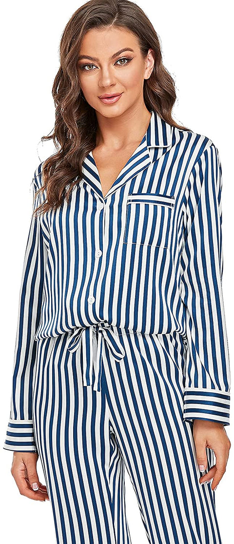 Women's Satin Pajama Set Long Sleeve Button Sleepwear 2-Piece Pj Lounge Set
