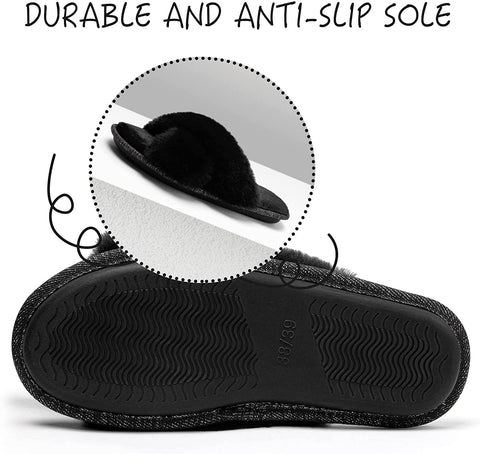 Women's Cross Band Furry Slippers Cozy Plush House Slippers Open Toe Soft Fuzzy Slippers Slip on Comfy Indoor Slippers