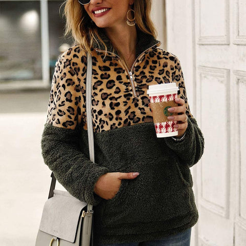 Women's Leopard Print Long Sleeve Pocket Sweatshirt Fuzzy Sweatshirt