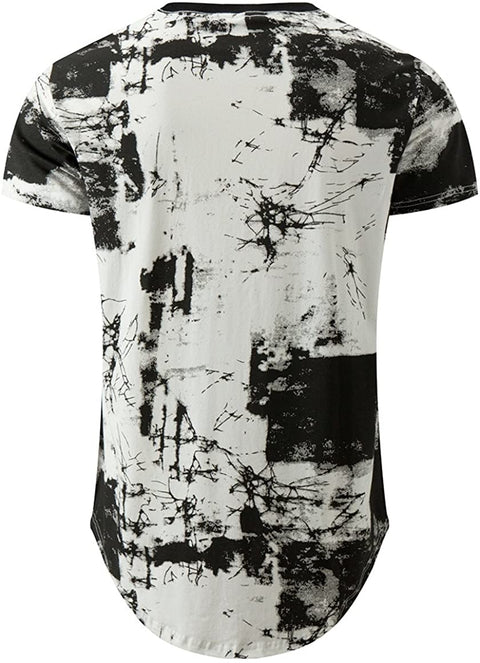 KLIEGOU Mens Hipster Hip Hop Ripped Round Hemline Pattern Print T Shirt