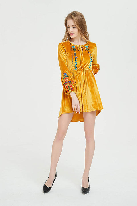 Womens Bohemian Velvet Dress with Embroidery, Elastic on The Waist and Sleeve Opening