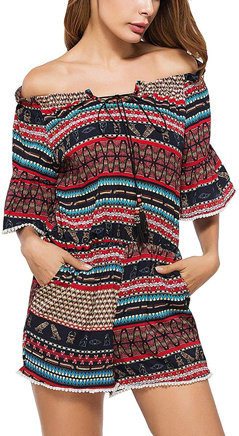 Women's Summer Casual Lotus Leaf Sleeve Printed Sweet One Piece Jumpsuit Shorts