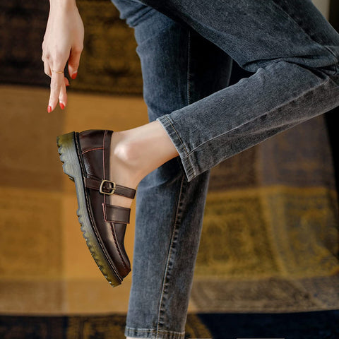 KANGFEINI Round Toe Comfortable Driving Mocassin Casual Flat Shoes Anti-Slip Leather Leather Penny Loafers jk Mary Jane Women's Shoes