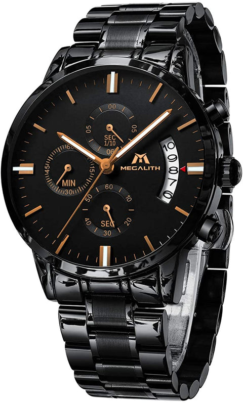 MEGALITH Mens Watches with Stainless Steel Waterproof Analog Quartz Fashion Business Chronograph Black Watch for Men, Auto Date