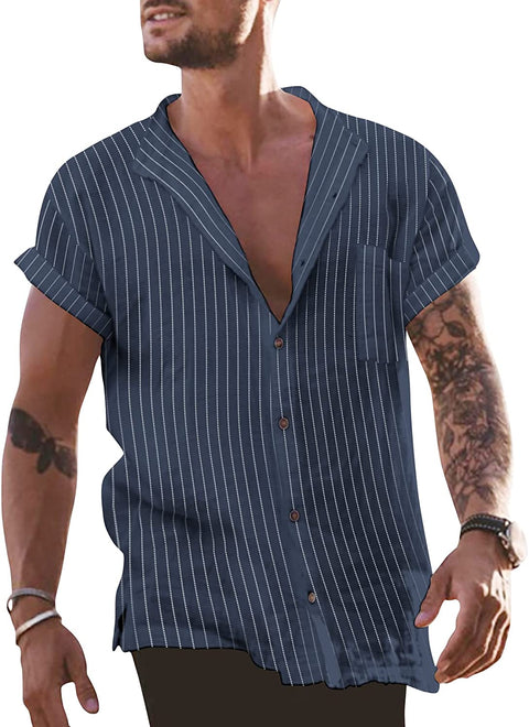 Men's Casual Mandarin Collar Shirts Button Down Vertical Stripes Short Sleeve Tops Shirt with Chest Pocket