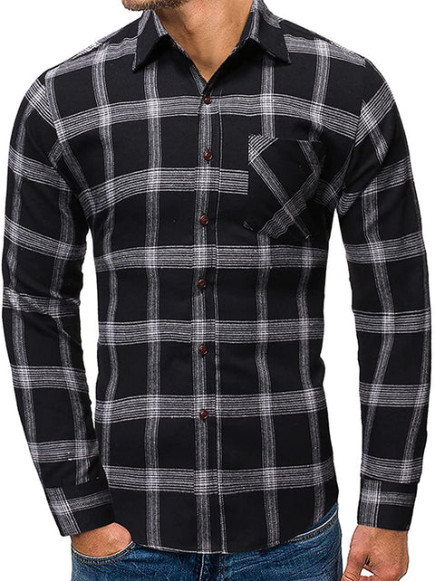 Mens Plaid Button Down Shirt - Casual Long Sleeve Tops Slim Fit Pocket Work Wear