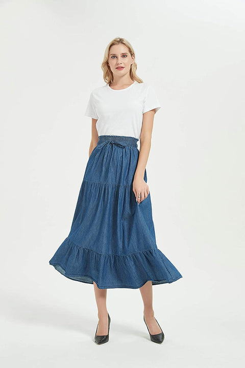 Womens A Line Long Midi Denim Skirt Tired Pleated Layers Elastic Waist Front Drawstring