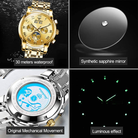 Gold Mens Mechanical  Stainless Steel  Luxury Watch