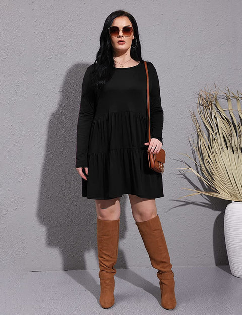Plus Size Dress Long Sleeve Tiered Midi Dresses for Women Casual Fall Loose Party Knee Length Tshirt Dresses