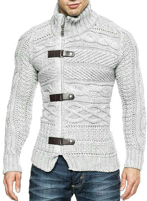 Karlywindow Mens Cable Knitted Cardigan Sweater Turtleneck Long Sleeve Slim Fit Winter Zipper Front Casual Pullover Sweaters