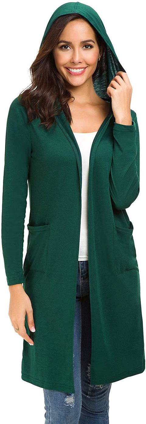 Women's Classic Open Front Lightweight Long Hooded Cardigan