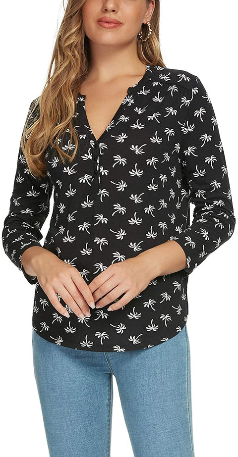 Women's 3/4 Sleeve Floral Print Shirts V Neck Button Up Blouse Tops