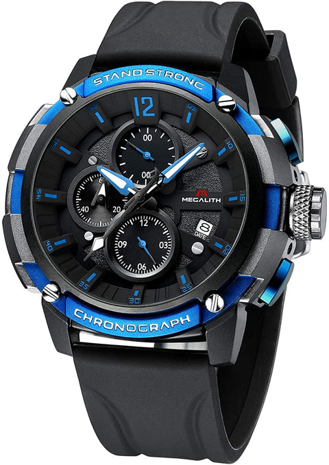 MEGALITH Men's Watch 50mm Rubber Chronograph Waterproof Large Face Watch Silicone Military Sport Analog Heavy Duty Watches for Men Luminous Multifunctional Cool Designer Gents Wrist Watches