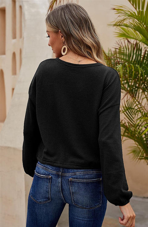 GAMISOTE Women's Waffle Knit Long Sleeve Tops Oversized Plain Crop Pullover Sweaters