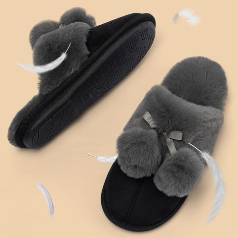 Katliu Women's Fluffy Slippers Warm Faux Fur Memory Foam Slippers Non Slip House Slippers