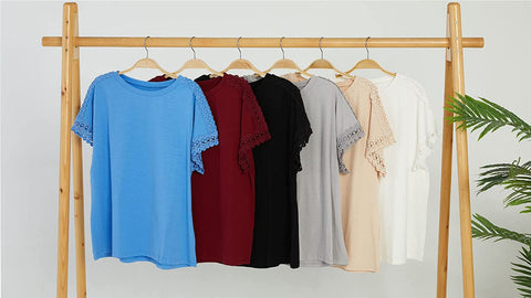 Womens Short Sleeve Tops Lace Patchwork Crewneck Bat Sleeve T Shirts Basic Casual Tee