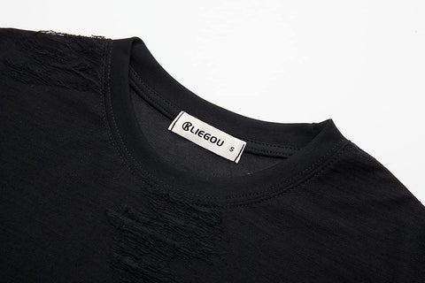 KLIEGOU Mens Hipster Hip Hop Ripped Round Hemline Hole T Shirt(1705)