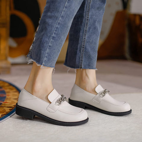 KANGFEINI Fashion Ladies Classic Round Toe Chain Decorative Loafers Comfortable Driving Office Loafers