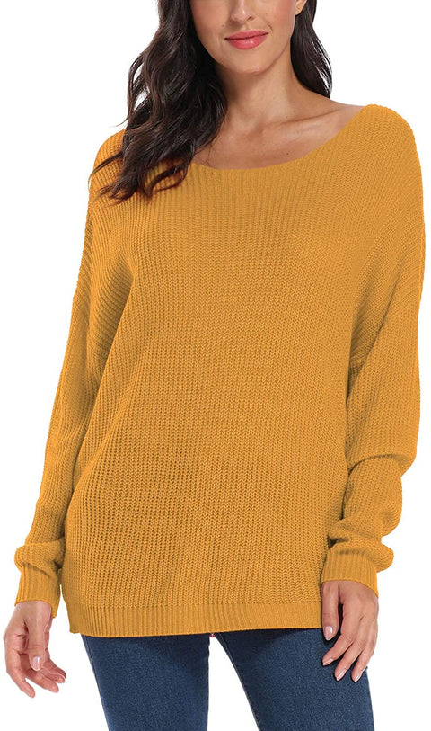 Women's Boat Neck Solid Casual Loose Knitted Pullover Sweater Jumper Tops