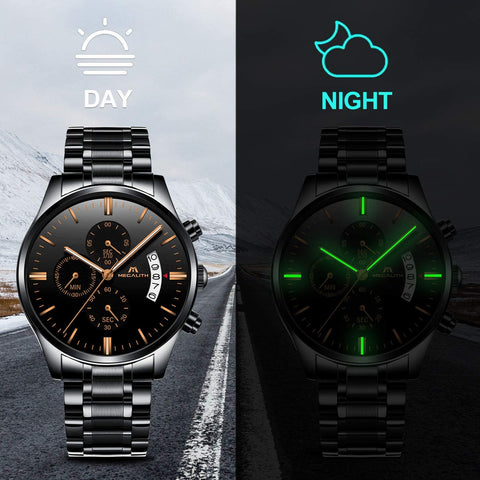 MEGALITH Mens Watches with Stainless Steel Waterproof Analog Quartz Fashion Business Chronograph Black Watch for Men, Auto Date